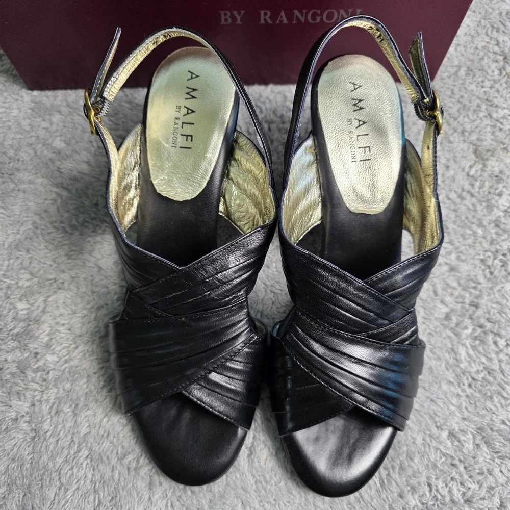 Amalfi by Rangoni Black Italian Leather Wedge Slingback Sandals 7M Italy‎ NEW